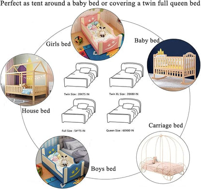 Bed Canopy with Lights for Girls,Gold Star Princess Crib Canopy Curtains,Extra Large Dome Mosquito Net Reading Nook Canopy for Kids Boys Twin Full Queen Size Bed,Fire Retardant Fabric