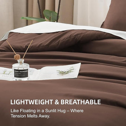 Litanika Brown Comforter Set Full Size, 3 Pieces Lightweight Solid Bedding Comforter Set, All Season Fluffy Bed Set (79x90In Comforter & 2 Pillowcases)
