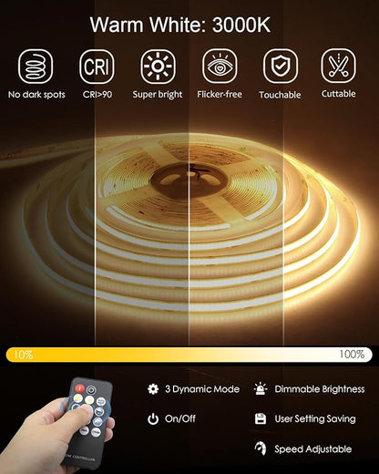 ALITOVE 32.8ft COB LED Lights for Bedroom with Remote Warm White 3000K Dimmable LED Strip Lights CRI90+ High Density 3200LEDs Flexible 24V LED Tape Light for Cabinet Home Indoor Lighting Decoration