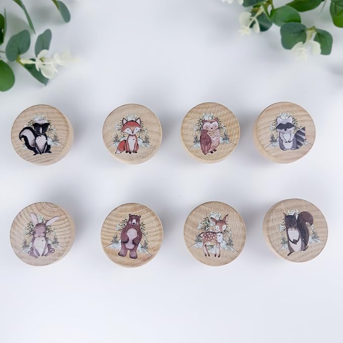 8Pack1.8 Natural Wood Nursery Dresser Cabinet Furniture Knobs Wooden Animal Cabinet Kids Cute Drawer Pulls