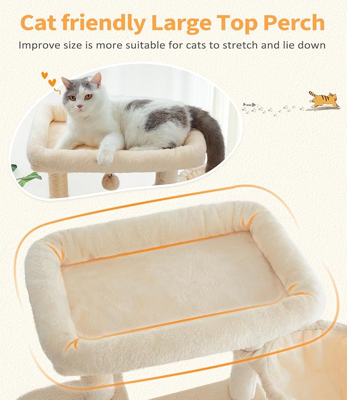 Cat Tree Large Cat Tower Tree 68" Multi-Level Cat Tower for Indoor Cats with Sisal Scratching Posts, Widen Cat Perche, Square Hammock, 2 Widen Condos, Scratching Posts, Beige-Mewly Pet