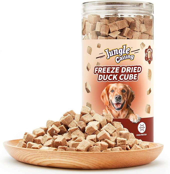 Jungle Calling Freeze Dried Cat Treats, 9.17 oz Single Ingredient Duck Meat for Cats Puppy Dogs, High Protein Food Topper Cube Healthy Dog Treat, Rawhide Free Snacks for Training Bites-Mewly Pet