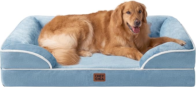 EHEYCIGA Orthopedic Dog Beds for Extra Large Dogs, Waterproof Memory Foam XL Dog Bed with Sides, Non-Slip Bottom and Egg-Crate Foam Big Pet Bed with Washable Removable Cover, Washed Blue-Mewly Pet