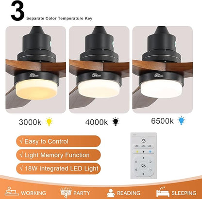 Sofucor 52 Inch Ceiling Fan with Lights and Remote, Low Profile Flush Mount Modern Wood Ceiling Fan for Indoor Bedroom Living Room Farmhouse Outdoor Patio Porch, Reversible DC Motor, Brown