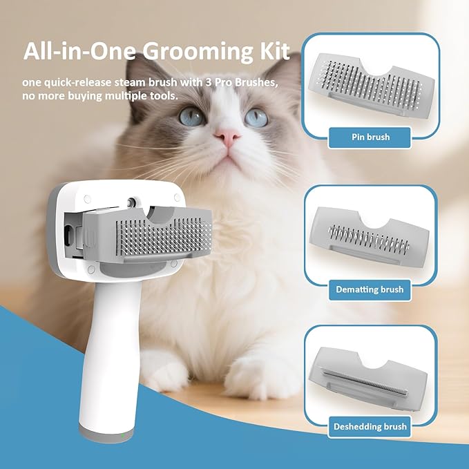 5 in 1 Pet Steam Brush for Dogs & Cats – Self Cleaning, 3 Pet Brush for Smoothing, Dematting, Thinning – Shedding, Grooming & Hair Removal, Includes Shampoo & Storage Case (8.0"-promax)-Mewly Pet