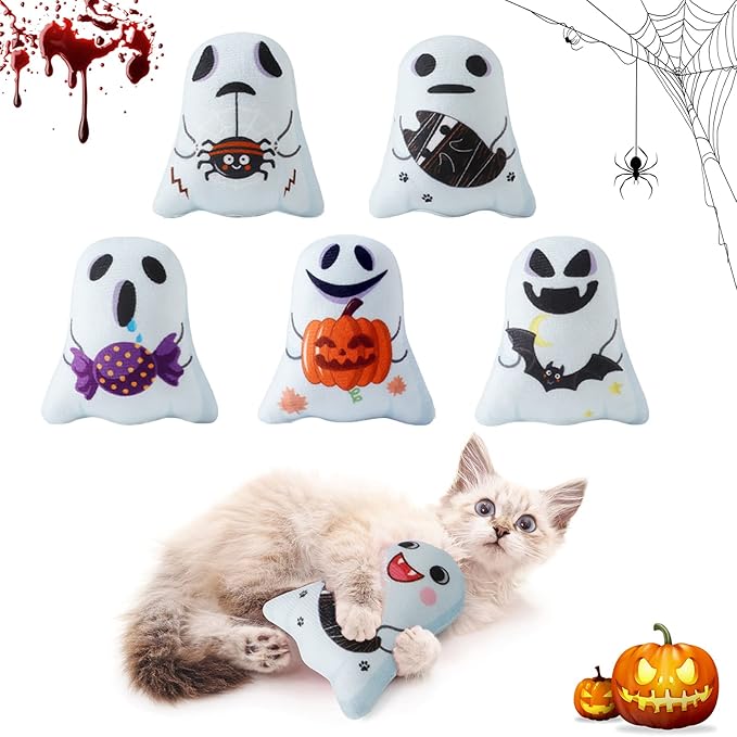 Dorakitten Catnip Toys Interactive Cat 5PCS Cats Chew Plush Ghost Toys & Pet Stuffed Nip Pillow & Kitten Best Kicker Toy Cute and Soft Teething Supplies for Moving Kitty Indoor-Mewly Pet