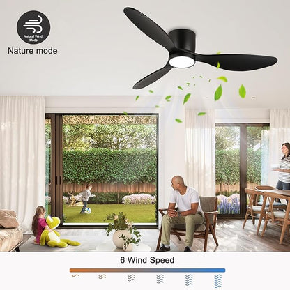 reiga 52 Inch Wood Black Modern Flush Mount Indoor Ceiling Fan with Light and Remote, 3 Propeller Blade, Quiet DC Motor for Bedroom Living Room