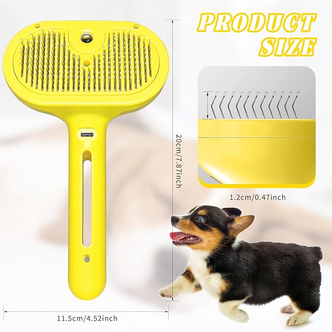QOQ Self-Cleaning Spray Cat Brush for Shedding, Removes Static Flying Hair, and Works Wonders for Both Long and Short-Haired Pets 2 In 1 Cleaning Brush for Cats And Dogs Grooming (Yellow)-Mewly Pet