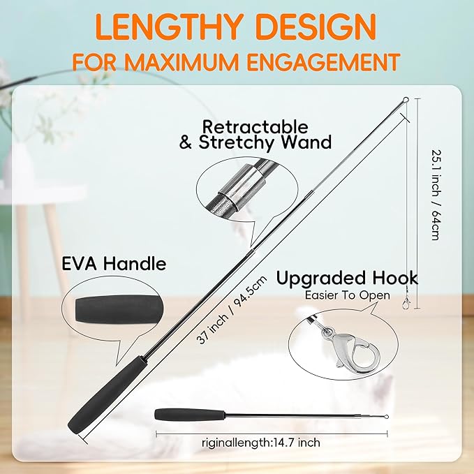 Interactive Bird Simulation Cat Feather Toy Set Cat Retractable Wand Toys Suction Cups Base,Include Detachable 7 Pcs Replacements Feathers Toys-Mewly Pet