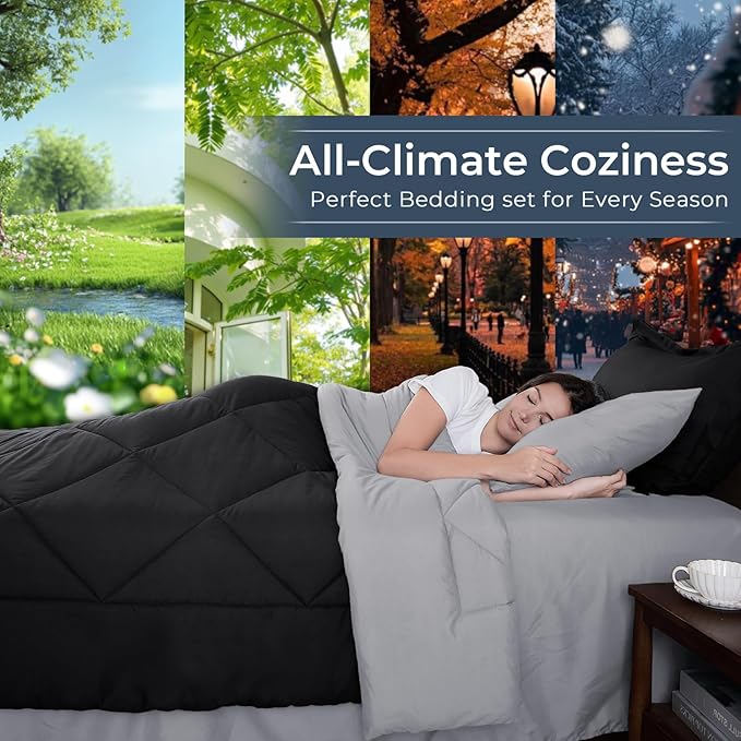 HEVUMYI Oversized Queen Comforter Set - 7-Piece All Season Bed in a Bag Oversized Queen, Ultra Soft Bedding Set with Comforter, Flat Sheet, Fitted Sheet, Pillowcases, Pillow Shams, Black & Light Grey