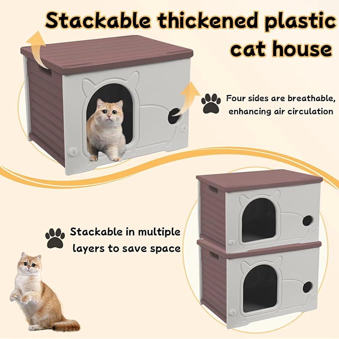 Plastic Outdoor Cat House Waterproof Feral Cat Shelter(Coffee)-Mewly Pet
