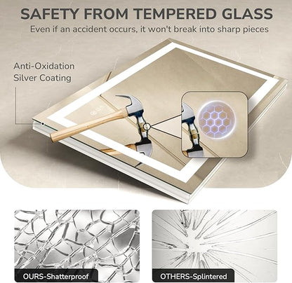 USHOWER LED Bathroom Mirror 55x30 Inch with Lights - Frameless Tempered Glass LED Backlit Lighted Mirror for Bathroom Vanity with Anti-Fog, 3 Colors Dimmable, Memory Function, Wall-Mounted