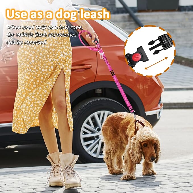 Removable Dog Seat Belt Harness for Car, 3 in 1 Pet Dog Car Seatbelt Leash, Retractable Restraint Secures to Vehicle Headrest & Adjustable Reflective Bungee Dog Seatbelt Tether, Rose-Mewly Pet