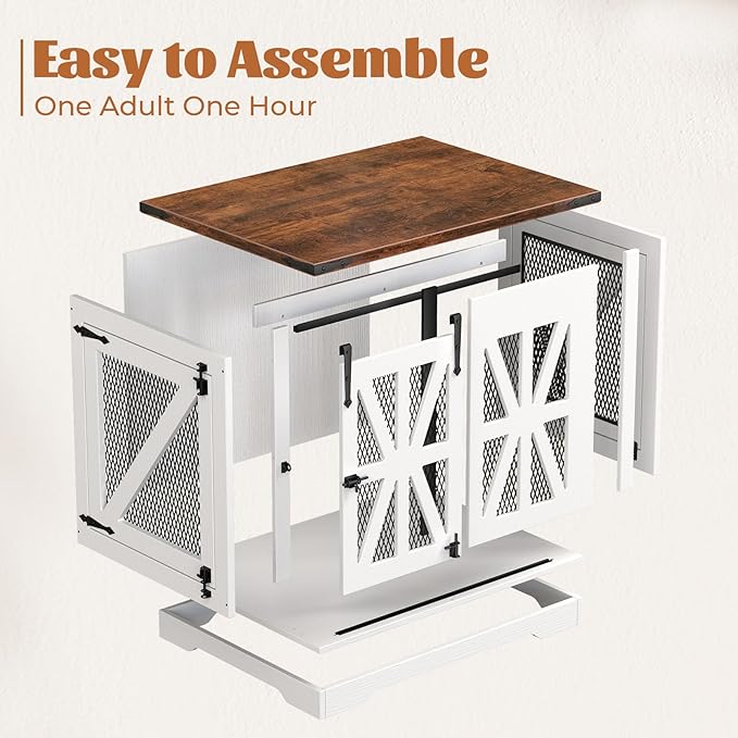 VOPEAK 27.5" Small Dog Crate Furniture, Chew Resistant Dog Crate for Puppy Dogs, Heavy Duty Small Dog Crate Dog Kennel Indoor with Double Doors, Wooden End Table for Bedroom Living Room, White-Mewly Pet