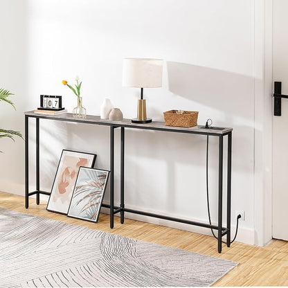 HOOBRO 70.9" Narrow Console Table with Charging Station, 5.9" Sofa Table with 2 Power Outlets and USB Ports, Long Entryway Tables Behind Couch Table, for Hallway, Living Room, Greige BG185UXG01