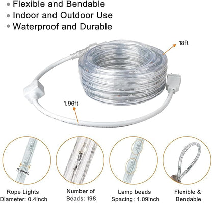 SURNIE LED Rope Lights Outdoor Warm White, Waterproof 18FT Cuttable 3000K Soft Lighting Indoor 110V Flexible Clear Tube for Bedroom Outside Garden Deck Patio Camping Decor, Not Flat Strip