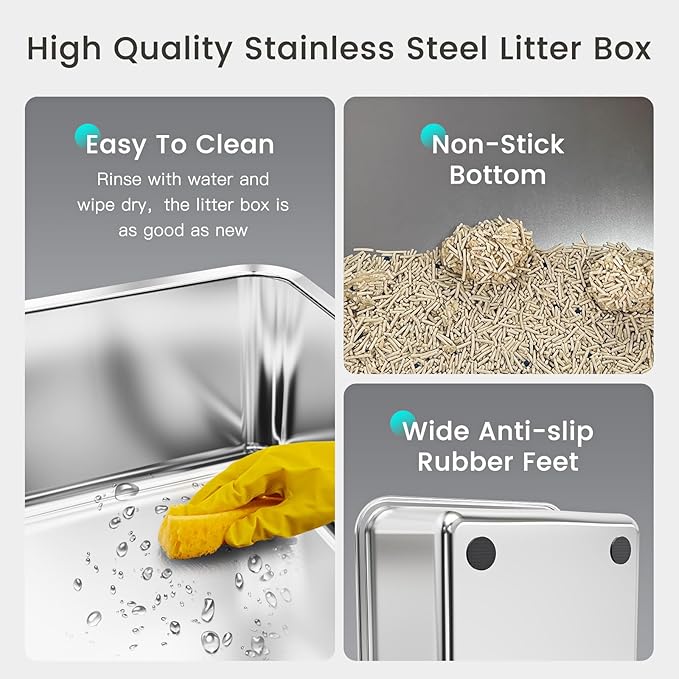 Tripamin 2PACK Stainless Steel Litter Box, 8" Metal Litter Boxs with Lid High Sides, XL Extra Large Litter Box for Big Cats, Leak-Proof, Easy Cleaning, Non-Sticky(Translucent Black)-Mewly Pet