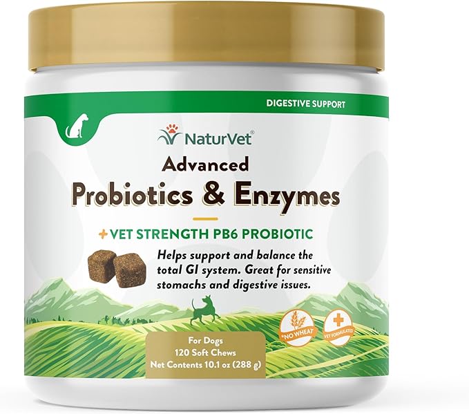 NaturVet Advanced Probiotics & Enzymes, PB6 Dog Soft Chews to Help Sensitive Stomachs and Digestive Issues, Hickory Smoked Bacon Flavored Pet Supplement for Dogs Over 6 Weeks, 120 Count Jar-Mewly Pet