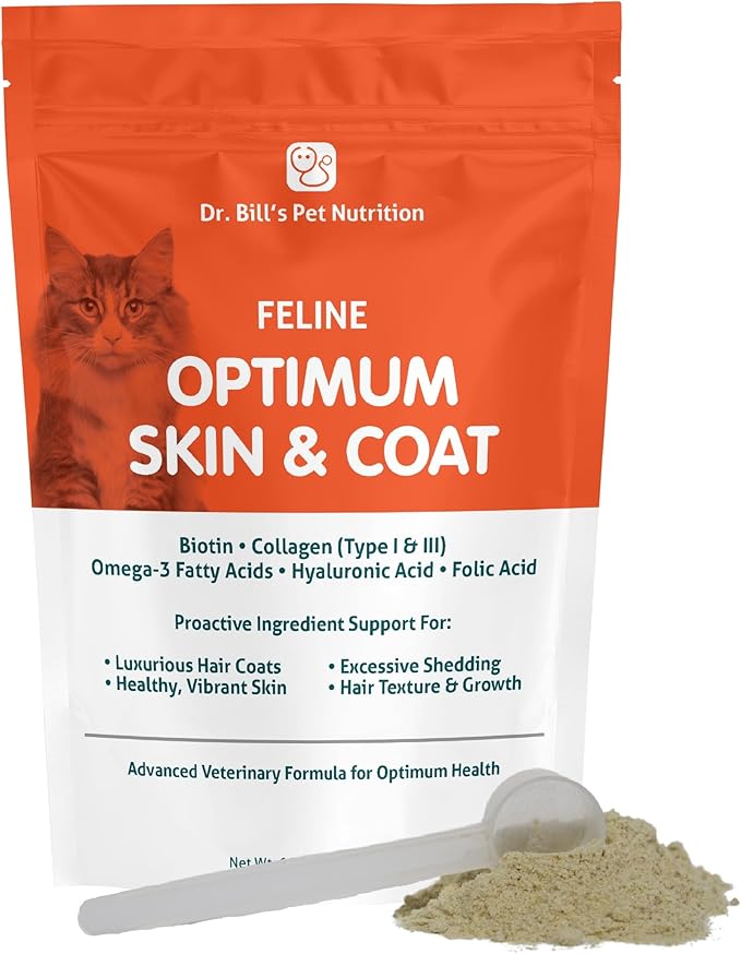 Dr. Bill’s Feline Optimum Skin & Coat – Fish Oil Omega-3 Fatty Acids for Cats Healthy Fur | Reduce Shedding and Hairballs with Biotin, Type I & III Marine Collagen, Hyaluronic Acid, & Folic Acid-Mewly Pet