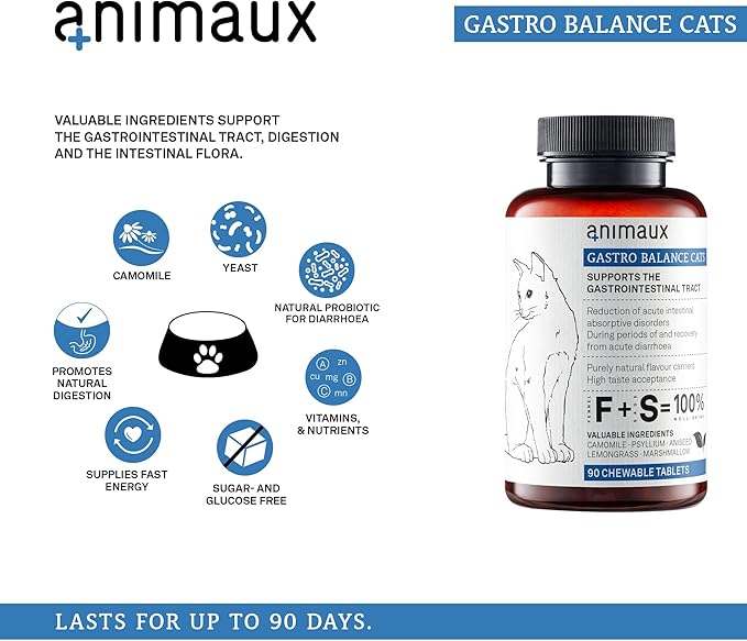 animaux - Gastro Balance for Cats, Supports Gastro-intestinal Tract, Prevents Diarrhoea, Constipation, Hairballs & Flatulence, supplementary probiotics, 90 chewable Tablets, 90 Days Supply-Mewly Pet