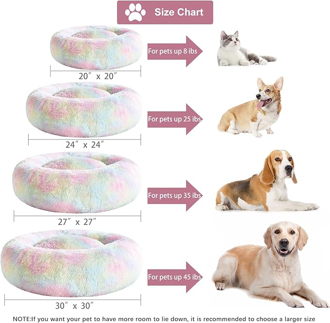 WNPETHOME Calming Dog Bed Cat Bed Donut, Faux Fur Pet Bed Self-Warming Donut Cuddler, Comfortable Round Plush Dog Beds (24 x 24 x 8 Inch, Rainbow)-Mewly Pet