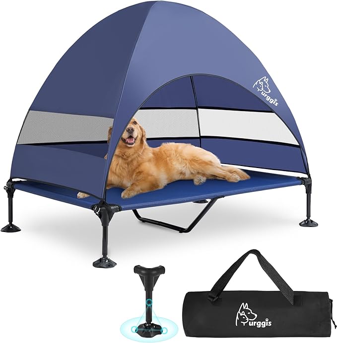 Upgraded Elevated Dog Bed with Canopy, Portable Raised Outdoor Dog Bed with Stable Anti-Slip Feet, Wider Shade Pet Bed Cot, Raised Dog Beds for Large Dogs Camping, Indoor & Outdoor Use-Mewly Pet