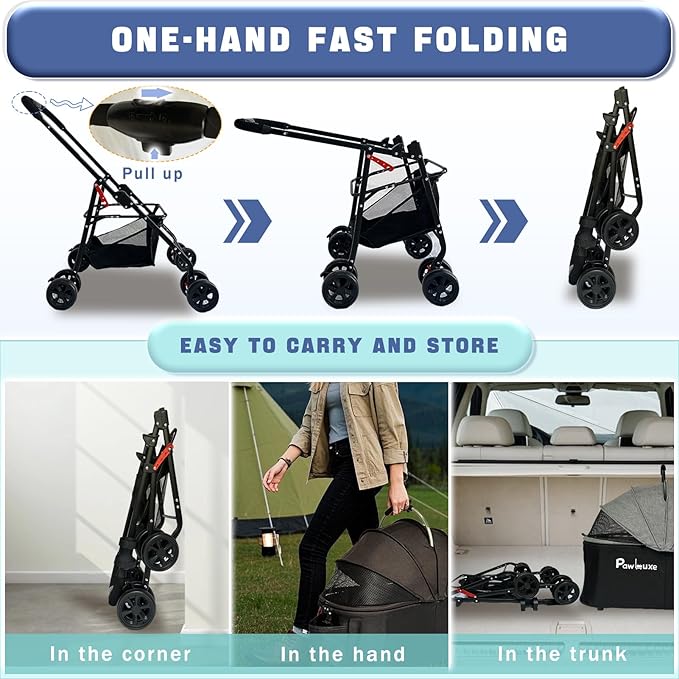 4 Wheels Pet Stroller 4 in 1 Pet Stroller with Detachable Carrier for Small & Medium Dogs Cats up to 55 lbs Easy-Folding Travel Dog Wagon with Car Seat Breathable Mesh,Black-Mewly Pet