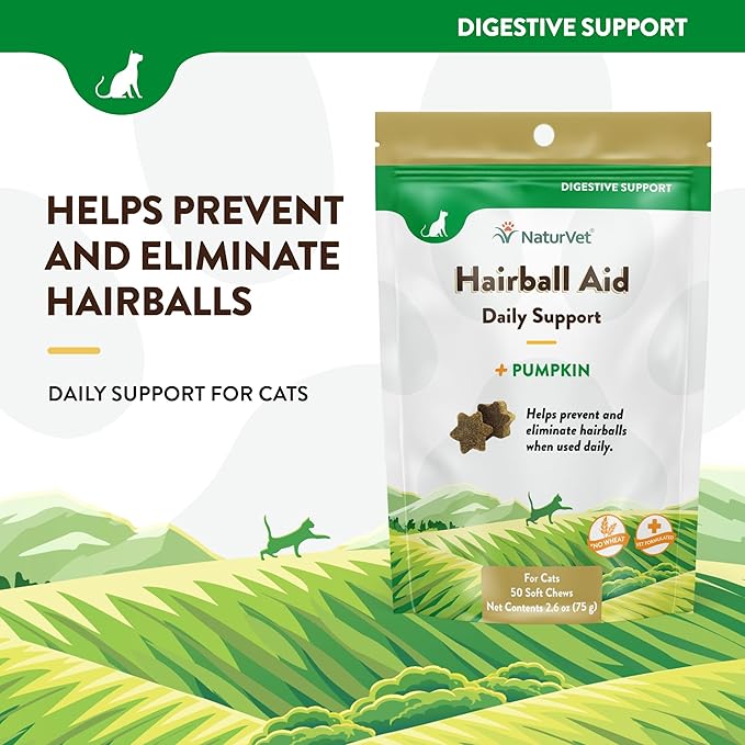 NaturVet Hairball Remedy Vitamin & Digestive Aid Supplement for Cats – Pet Health Supplement for Cat Hairballs, Digestive System Support – Includes Pumpkin, Vitamins – 50 Ct.-Mewly Pet