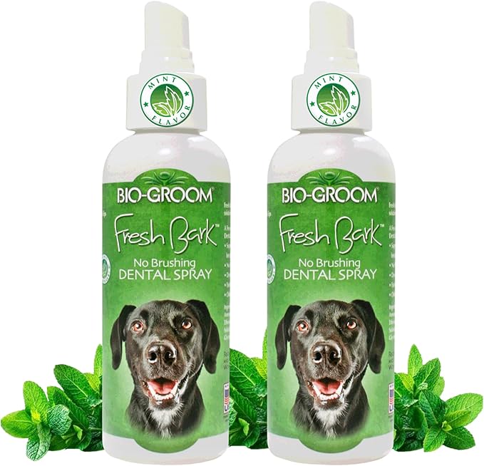 Bio-groom Fresh Bark Dog Breath Freshener - No Chew Dental Spray for Dogs & Cats, Teeth Cleaning Oral Care for Plaque & Tartar, No Brushing Required, Made in The USA - Mint, 4 fl oz (Pack of 2)-Mewly Pet