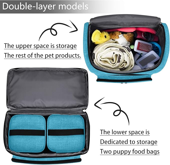 BAGLHER Pet Travel Bag, Double-Layer Pet Supplies Backpack (for All Pet Travel Supplies), Pet Travel Backpack with 2 Silicone Collapsible Bowls and 2 Food Baskets Sky Blue-Mewly Pet