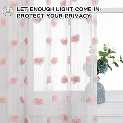 MYSKY HOME 45 Inches Long Pink Curtains for Kitchen Pom Pom White Sheer Curtains for Bedroom Living Room Nursery Girls Room Rod Pocket Boho Small Window Panels of 2 Drapes 37 x 45 inch Length