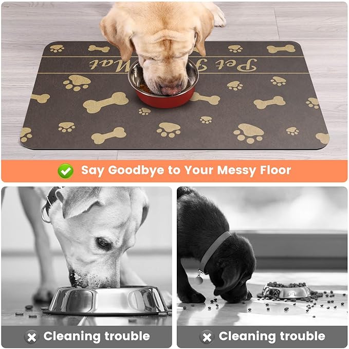 Pet Feeding Mat-Absorbent Pet Placemat for Food and Water Bowl, with Waterproof Rubber Backing, Quick Dry Water Dispenser Mat for Dog and Cat (17"x27", Brown)-Mewly Pet