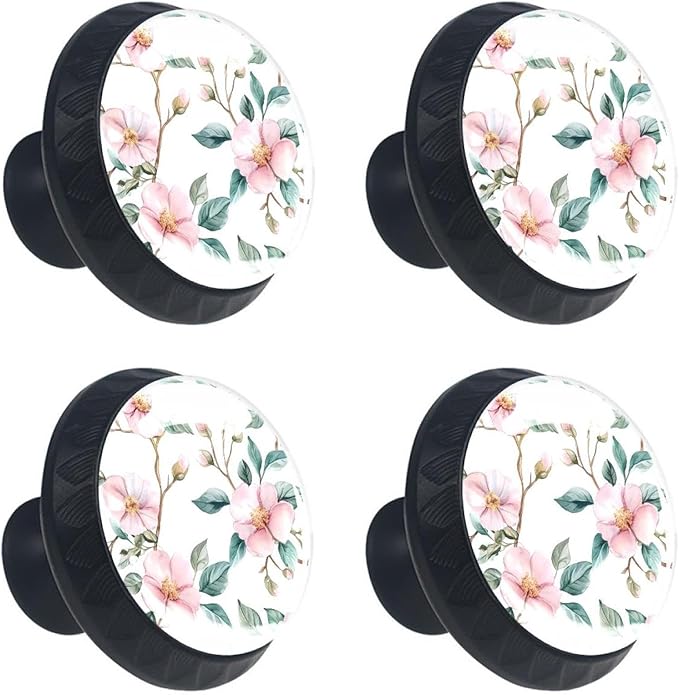 4 Pack 1.37" Dresser Drawer Knobs, Round Crystal Glass Cabinet Pulls with Screws for Kitchen, Bathroom, Nursery Nursery Kids Room (Pink Flowers with Green Leaves Branches)