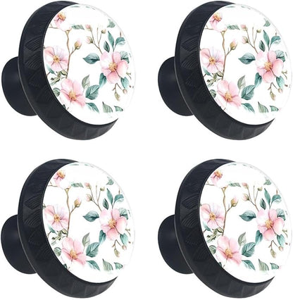 4 Pack 1.37" Dresser Drawer Knobs, Round Crystal Glass Cabinet Pulls with Screws for Kitchen, Bathroom, Nursery Nursery Kids Room (Pink Flowers with Green Leaves Branches)