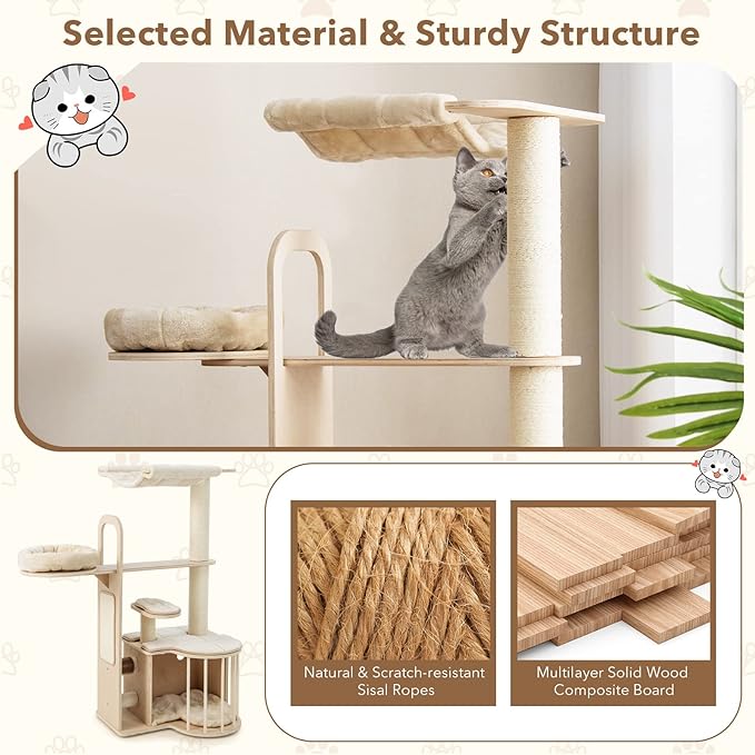 Tangkula Wood Cat Tree for Indoor Cats, 55 Inch Multi-Level Cat Tower Activity Center with Hammock, Cat Condo, Sisal Scratching Posts & Washable Cushions, Modern Cat Tree Houses for Large Cats-Mewly Pet