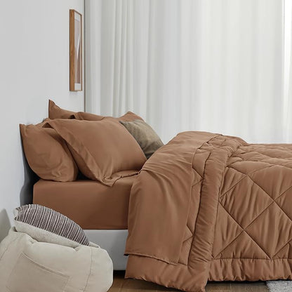 Love's cabin Full Comforter Set Mocha Mousse, 7 Pieces Full Bed in a Bag, All Season Bedding Sets with 1 Comforter, 1 Flat Sheet, 1 Fitted Sheet, 2 Pillowcase and 2 Pillow Sham