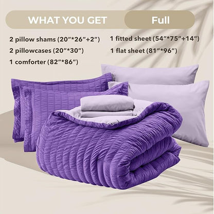 HYMOKEGE Dark Purple/Lavender Full Size Comforter Sets Seersucker 7 Pieces, All Season Luxury Bed in a Bag for Bedroom, Bedding Set with Comforter, Sheets, Pillowcases & Shams