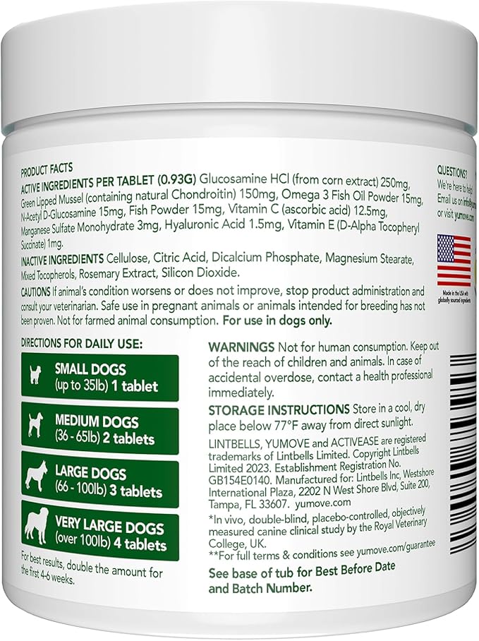 Yumove Hip & Joint Supplement for Dogs - with Glucosamine Chondroitin, Omega 3, Hyaluronic Acid, Green Lipped Mussel & Fish Oil for Dogs - Senior Dog Joint Supplement (120ct Chewable Tablets)-Mewly Pet