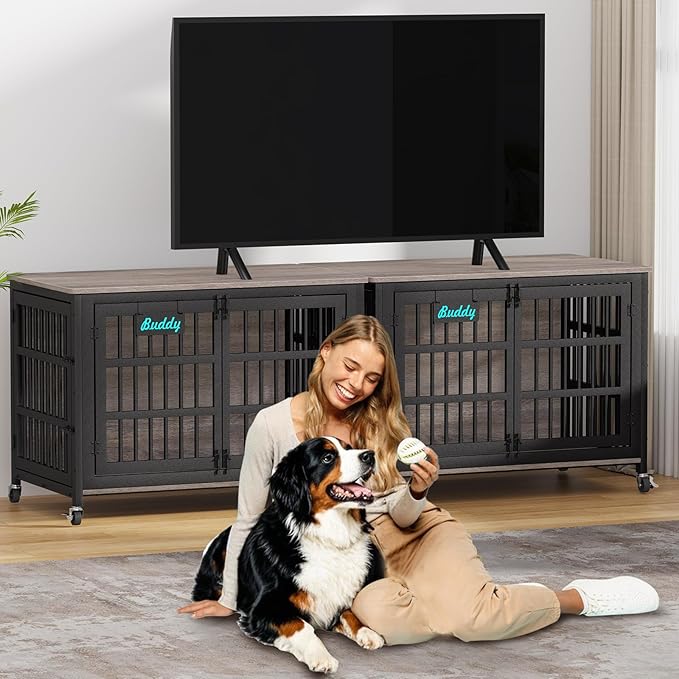 EasyCom 48"/42"/33" XXL Dog Crate Furniture with Casters, Heavy Duty Dog Kennel Indoor for Large Dogs, Escape-Proof and Chew-Proof Dog Cage for high Anxiety Dog, Decorate House as TV Stand, End Table-Mewly Pet
