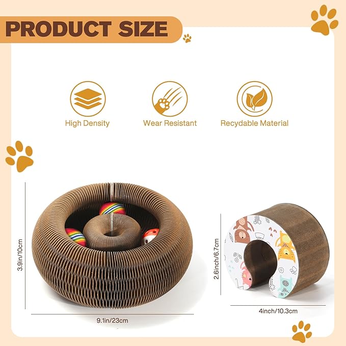 Magic Organ Cat Scratcher Board with 3 Balls, Foldable Recyclable Accordion Cats Toy with Ball and Track Adventure, Cat Scratching Pad, Retractable Reversible Furniture Protector(Brown)-Mewly Pet