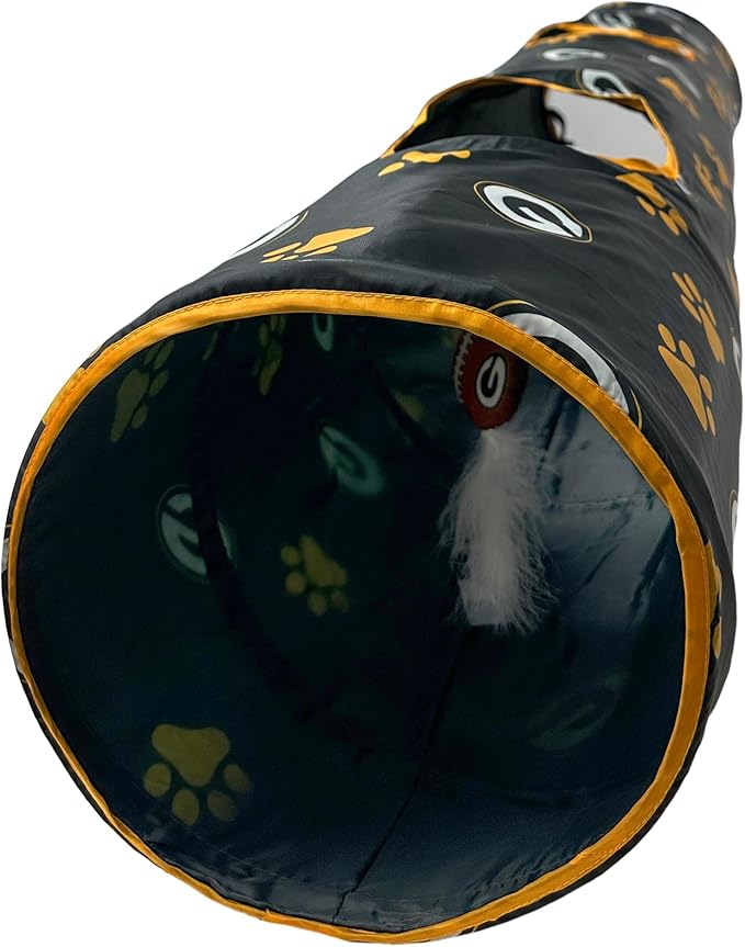 NFL Green Bay Packers Cat Tunnel Tube Toy with Plush Football Catnip and Feathers Collapsible Tunnel for Cats to Play, Peek and Hide, Sporty & Fun Cat Tunnel Toy with Team Logo All-Over Design!-Mewly Pet