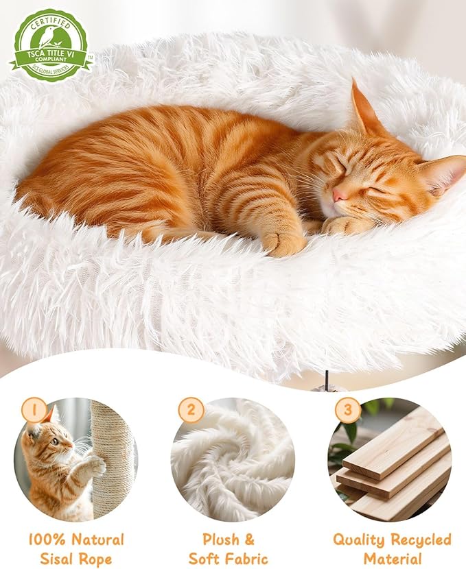 61" Wooden Cat Tree Tower for Indoor Cats, Luxury Modern Wooden Tower with XL Plush Lounge, Hammock & Scratching Posts for Maine Coon 20 lbs-Mewly Pet