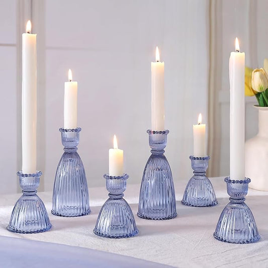 6 Pcs Blue Glass Candlestick Holders (3.5"/6", Assorted)- Tall Taper Candle Holders with Vintage Design, Candle Stick Holders in Bulk for Party Decorations, Blue Candle Holder for Tapered Candles