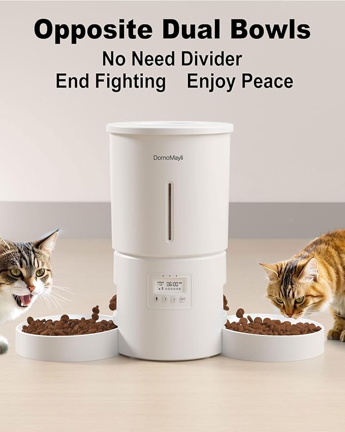 Automatic Dual Cats Feeder for 2 Cats,6 Meals/Day,12 Portions/Meal,Dual Power Auto Pet Feeder Dry Food Dispenser,Flexible Schedule Timer 10S Voice Record (White, ABS Dual Bowls)-Mewly Pet