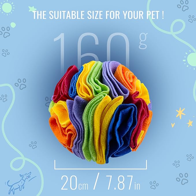 Pet Snuffle Ball, Puzzle Sniffing Interactive Dog Ball for Blind Dogs Training Stress Relief Dog Enrichment Toys Treat Machine Washable (20cm, Rainbow Color)-Mewly Pet