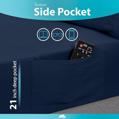 DREAMCARE Sheets Full Size Bed - Cooling Bed Sheets - 6pcs Set - Full Sheet Set - Full Size Sheets - Full Size Sheet Sets Soft & Long Lasting 100% Fine Brushed Polyester with Side Pocket - Navy Blue
