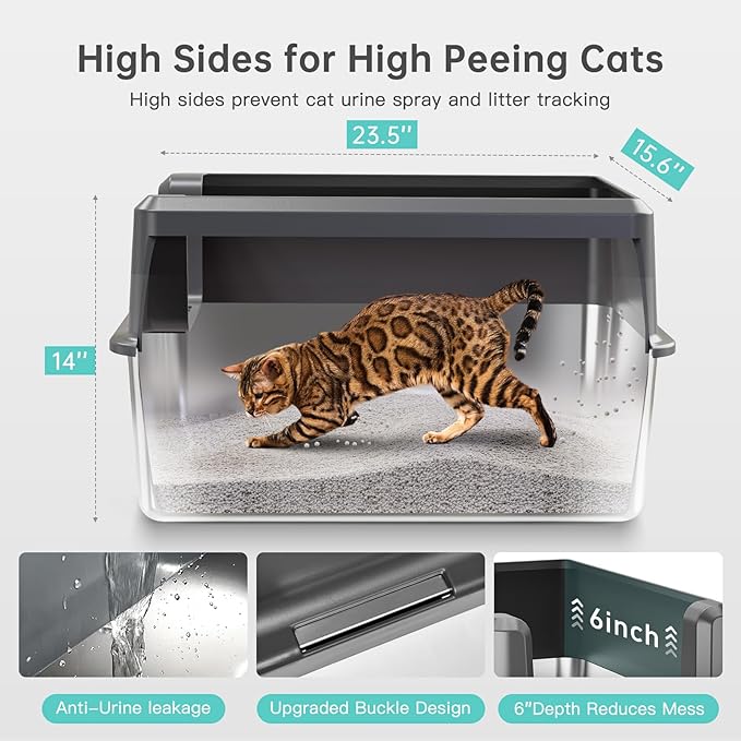 Stainless Steel Litter Box with Lid, 14” XL Stainless Steel Cat Litter Box Enclosure, Extra Large Metal Cat Box, Non-Sticky, Anti Leakage, Easy Cleaning Litter Pan, Include Scoop (Gray)-Mewly Pet