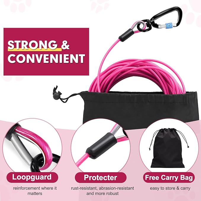 Snagle Paw Dog Leads for Yard 50FT-1000LBS Break Strength,Heavy Duty Tie Out Cable for Dogs with Swivel Lockable Hook & Spring,Chew Proof Dog Chain for Outside,Dog Run Cable for Medium Large Dogs-Mewly Pet