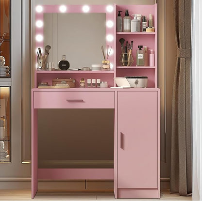 Vanity Desk with Mirror and Light, Large Drawer and Three Level Storage Dresser, 3 Lighting Modes Adjustable Brightness, Bedroom Dressing Table (Pink)