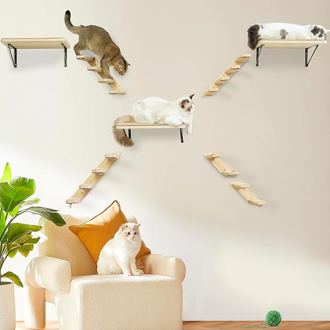 Cat Wall Furniture Set, 2PCS Cat Shelves & 2PCS 4 Steps Wall Shelves Stairs Tower Climbing Scratching Perches for Climbing Sleeping, Playing-Mewly Pet
